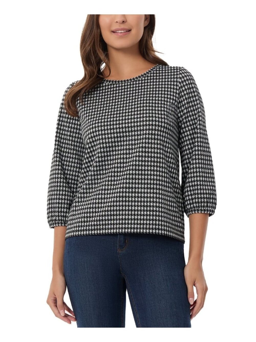 Jones New York Petite Size PS Houndstooth Jacquard 3/4-Sleeve Top Black $60
